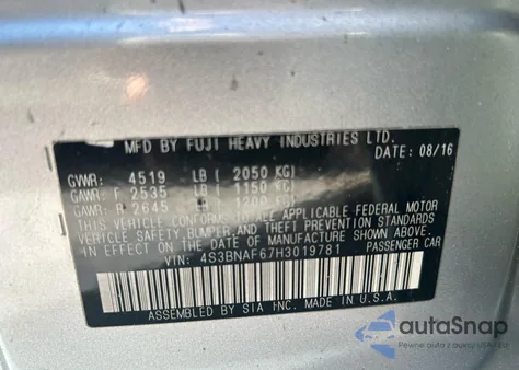 2017 Subaru Legacy 2.5I Premium z USA, uszkodzony, nr VIN 4S3BNAF67H3019781